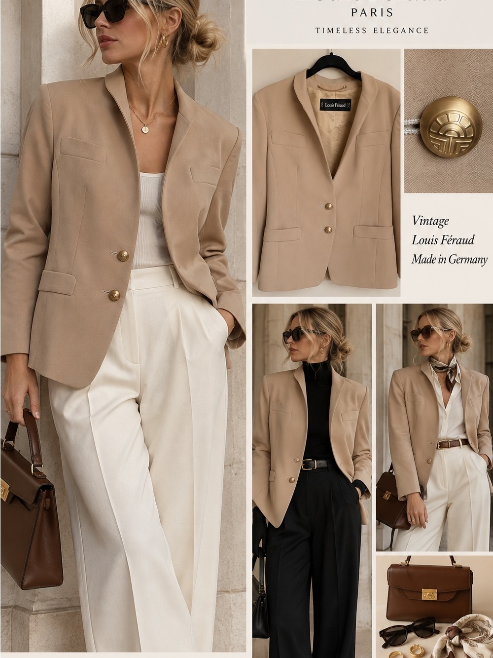 Vintage Louis Féraud Beige Blazer Made in Germany Gold Logo Buttons Size 6